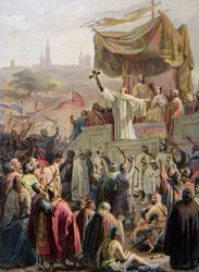 St. Bernard Of Clairvaux Preaching the Second Crusade in Vezelay, 31st March 1146 - Emile Signolによるエングレーヴィング - サン・ベルナール・ド・クレルヴォー（サン・ベルナルド・ディ・キアラヴァル）が、国王ルイ7世と王妃アリエノールの前で第二回十字軍を説く。