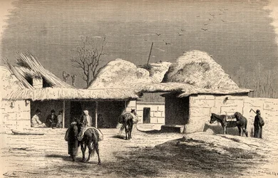 チャールズラプランテ（d.1903）によって彫刻された、「手の中の世界」のイラストが描かれた、ウズベキスタンのタシュケントにある隊商宿、1878年（彫刻）
