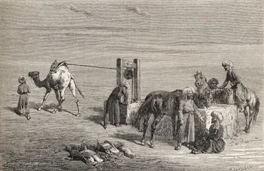 チャールズラプランテ（d.1903）によって彫刻された「手の中の世界」からのイラスト、1878年に出版されたサマルカンドとウズベキスタンのカルシの間の砂漠にある井戸