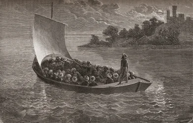 1863年にカスピ海を航行するアルミニオヴァンベリーとその仲間たち、ガシャールによって刻まれた「手の中の世界」のイラスト、1878年公開