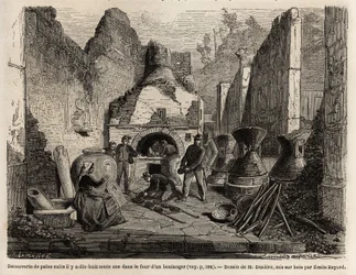 1864年のポンペイでの発掘作業中にパン屋のオーブンで発見され、灰の中に保存されていたパン。マルク・モニエ（1829-1885）のテキスト「ポンペイとポンペイ人」を説明するために、エミール・バイヤール（1837-1891）が描いたもの。ル・ツアー・デュ・モンド "に掲載された版画。