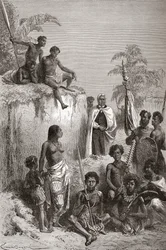 ハワイアンカメハメハ1世とその戦士たち、「手の中の世界」のイラスト、1878年に公開（彫刻）