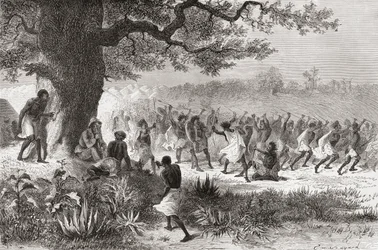 1871年の遠征中に戦いの準備をしているVouagogos部族を見ていたHenry Morton Stanley、「The World in the Hands」のイラスト、1878年公開