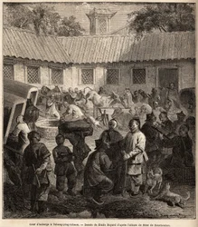 チェン・ピン・チェウのホステルの中庭。1859年から1862年にかけて、駐中国フランス公使M.de Bourboulonによる上海からモスクワへの旅を説明するために、Emile Bayard（1837-1891）が描いたもの。エドゥアール・シャルトン編集の「Le tour du monde」に掲載された版画。