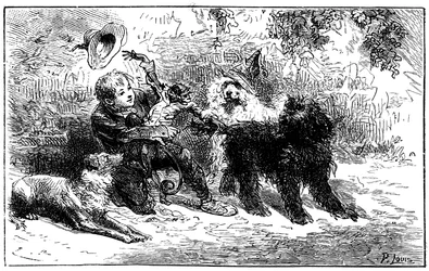 エミール・バイヤールがヘクトル・マロの小説「Sans Famille」のために描いたイラスト。レミは友人たちと遊んでいる。旅芸人ムッシュ・ヴィタリスの一座の学識ある動物たち、ジョリ＝クール（可愛い心）、猿、3匹の犬カピ、ゼルビーノ、ドル。