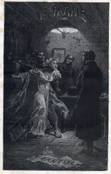 ジャベールに逮捕されたファンティーヌを助けに来たムッシュ・マドレーヌ - エミール・バイヤール（1837-1891）による「Les miserables - Premiere partie」の挿絵。ヴィクトル・ユーゴー（1802-1885）の『ファンティーヌ』（1862年）の挿絵