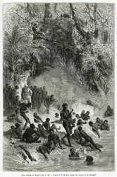 カラグエ地方（カメルーン）の入浴者の中にいるアンリ・モートン・スタンレー卿（1841-1904）。