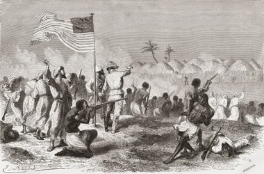 1871年の遠征中のスタンレーのジンビソ攻撃、アンリテオフィルヒルディブランド（1824-97）によって刻まれた「世界の手の中」のイラスト、1878年公開