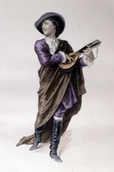 ボーマルシェ（1732-1799）の『セビリアの理髪師』の登場人物であるアルマヴィーヴァ伯爵は、1773年に制作された。エミール・バヤールによるイラスト。