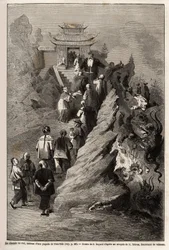 天の道」は、1859年から1862年にかけて、中国のフランス公使M.de Bourboulonが上海からモスクワまでの旅を描いた天心の塔の絵をもとに、E.BAYARDが描いたものです。エドゥー編『Le tour du monde』の図版