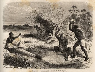エミール・バヤール（1837-1891）が、1860年から1863年にかけて行われたスペーク船長のアフリカ発見航海を描いた「ウニャムエジの鍛冶屋たち」。エドゥアール・シャルトン編集の「Le tour du monde」に掲載された図版
