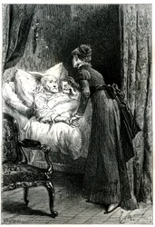壁から吊るされた十字架の下で、ベッドで死にかけている老人の世話をする若い女性。死にゆく男は、最後の提言（遺書）を手で持っている。ジュール・サンドーの著書「聖職者のマドモアゼル」の挿絵を描いたエミール・バイヤールのエングレーヴィング、ヘッツェル・エ