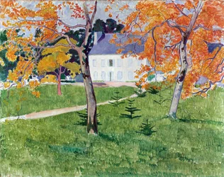 木々の間の家 - Emile Bernard (1868-1941) の絵画、キャンバスに油彩