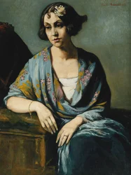 肘に寄りかかっている若い女性の肖像画。若いアコーディー少女の肖像画、1928