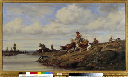 ゲア牛が群れと共に川を渡る通路。 エミール・ルボン (1809-1863) の絵画 必須の言及: マルセイユ、プロヴァンスのコレクション財団