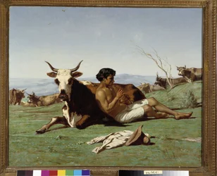 フルートを演奏する若いパトレ。 エミール ルボン (1809-1863) の絵画。 必須の言及: コレクション財団は、マルセイユのプロヴァンスを尊重します