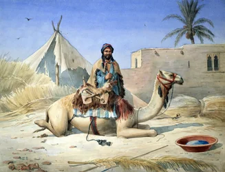ラクダの横にいるベドウィン、おそらくエジプト」1836-1843年頃。水彩画。Emile Prisse d
