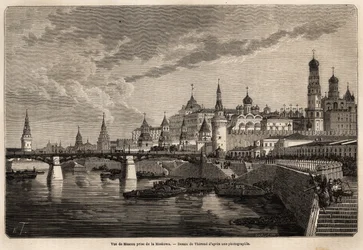 モスコワ川から撮影されたモスクワの全景。駐中国フランス公使M.de Bourboulonの1859年から1862年までの上海からモスクワまでの旅を説明するためにTherondが描いたもの。エドゥアール・シャルトン編『Le tour du monde』に掲載された図版