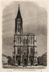 ストラスブールの大聖堂のファサード。1860年、Victor Duruyのパリからブカレストへの旅を説明するためにTherondが描いたもの。1861年の "Le tour du monde "に掲載されたエングレーヴィング。セルバのコレクション。