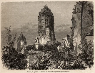 1858年から1861年にかけてアンリ・ムホーが行ったシャム、カンボジア、ラオスの王国を巡る旅を説明するためにテロンが描いた、アジュシア（タイ）のジャングルの植生の中で撮影された遺跡。エドゥアールが編集した "Le tour du monde "に掲載されているエングレーヴィング。