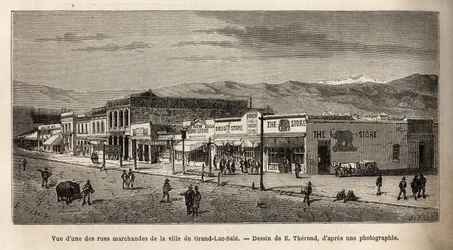 ソルトレークシティー（アメリカ・ユタ州）の商店街の風景。1868年のワシントンからサンフランシスコへの航海を描いたE.Therondの絵をもとに、L.Simoninが彫ったもので、1874年に出版された「Le tour du monde」に掲載されています。