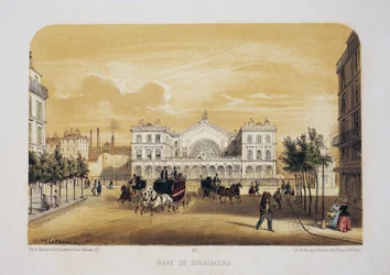 ストラスブール駅 (現在のパリ東駅)。 リトグラフィー水彩画、E.de la Tramblaiz 作イラスト、「アルバム、お土産 de Paris」、Daziaro 編集者、パリ