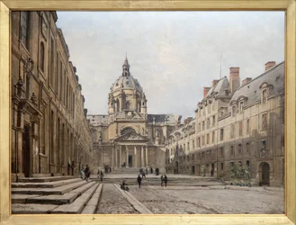 1886 年の古いソルボンヌの中庭の眺め、リシュリューの要請で 17 世紀に建てられたソルボンヌの古いアンサンブルは、1885 年から 1901 年の間に再建され、拡大されるために破壊されました。ルイ 13 世様式に触発された建物は設計されました。