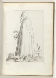 スペイン語 (オブジェクトのタイトル) Oude man, naar links, in Spaanse kleding. 約。 1550 私たちの時代のさまざまな国の態度（シリーズタイトル）