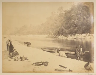 Bheerkotee 近くの Teesta のフェリー。  ダージリンの景色。 1870年代