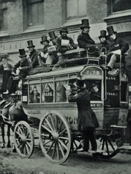 乗客を乗せたロンドンブリッジ鉄道の馬が引くオムニバス、1880