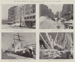 最近のアメリカのブリザード、ニューヨーク市とハーバーのシーン