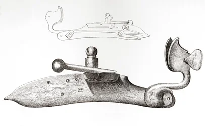 17世紀の火縄銃。 The British Army: Its Origins, Progress and Equipment、1868 年発行のハンドヘルド銃器を発射するために使用されるメカニズムまたはロック。