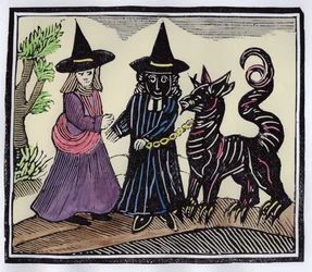 悪魔の動物を持つ黒と白の魔女、エソテリカのチャップブックのコレクションのイラスト（後の着色）