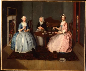 お茶を飲むインテリアの家族、c.1740