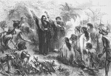 インディアンの部族に説教するイエズス会の宣教師。 1878