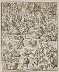 ロイヤルピクニック、Noven Art of Venerie and Hunting、George Turberville作のプレート、1575年（セピア写真）