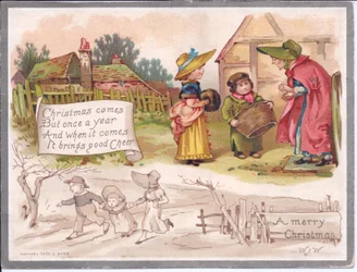 農場で2人の子供を連れた年配の女性を描いたヴィクトリア朝のクリスマスカード（1880年頃）（カラーリトグラフ