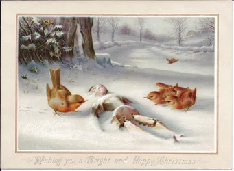 雪の中で木製の人形を見つめるロビンズを描いたヴィクトリア朝のクリスマスカード、1880年頃（カラーリトグラフ）
