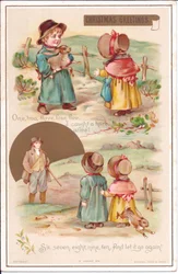 二人の子供とウサギを描いたヴィクトリア朝のクリスマスカード、1880年頃（カラーリトグラフ
