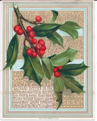 詩を覆うヒイラギのスプレーが付いているビクトリア朝のクリスマスカード。マーカスワード発行、1880年頃