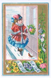 雪の中を花束を持って歩く毛皮のついたケープを着た少女のヴィクトリア朝の年賀状（1880年頃）（カラーリトグラフ