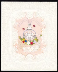 1870年頃、ヴィクトリアン・ペーパーレースで描かれた花と噴水のバレンタイン・カード（カラーリトグラフ）