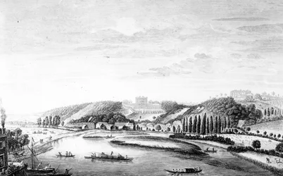 1780年頃のメイデンヘッドブリッジから撮ったクリーブデン邸の眺め