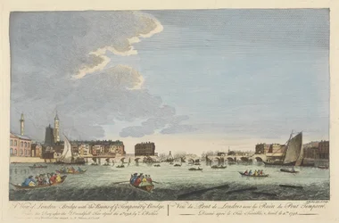 1758年4月11日の火災後の一時的な橋の廃墟のあるロンドン橋の眺め（色付きの彫刻）