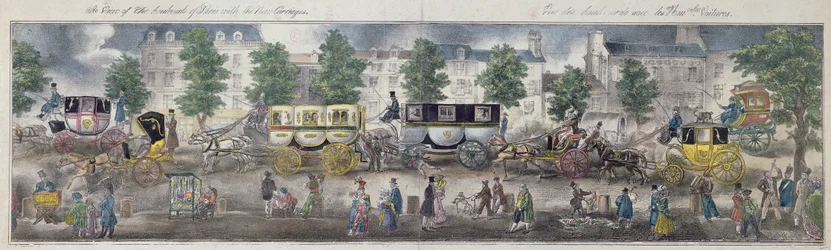 パリの大通りの眺め、新しい車両、1828年（カラー彫刻）