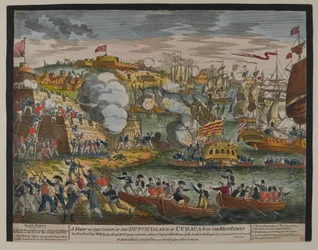 1807年1月1日、G。トンプソンによって出版された、1807年1月1日、西インド諸島のオランダのキュラコア島の占領の様子（色付きの木版画）