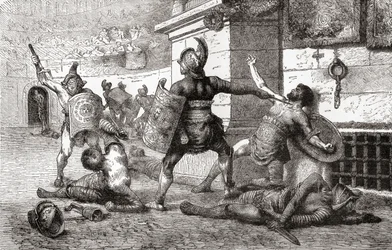 古代ローマにおける剣闘士の戦い（1882年頃、ウォードとロックの『イラストレイテッド・ヒストリー・オブ・ザ・ワールド』より