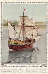 イギリスの偉大な船員の1人への記念品：The Illustrated London News Royal Naval and Miが1577年から80年にかけて世界で最初に航海した英国船、ドレイクスゴールデンハインドのモデル
