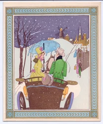 1920年頃に雪の中を走っているオープンキャリッジのRencecyカップルの手塗りのフランスのpochoirクリスマスカード