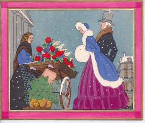 1920年頃、通りすがりの人にバラの手押し車を見せてくれる、ビクトリア朝の花売りの手描きのフレンチポコワールクリスマスカード